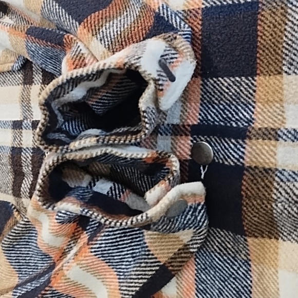 Plaid Thick Yarn Dyed Flannel Chore Coat Barn Jacket Navy Orange Tan Cream - Picture 7 of 9